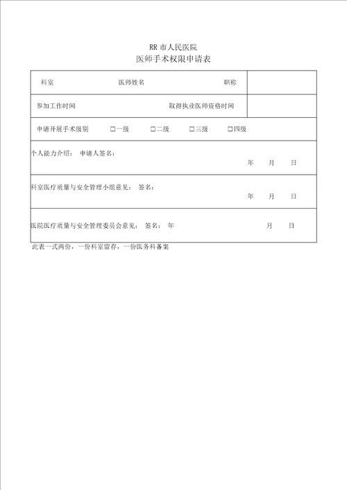 医师手术权限申请表 手术医师资质考核表 定期能力评价与再授权表x