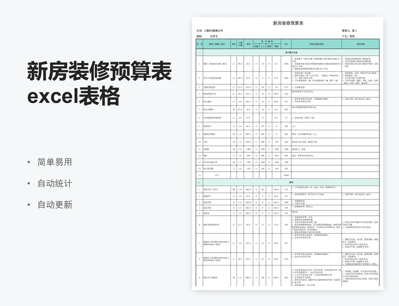 新房装修预算表excel表格模板装修造价表