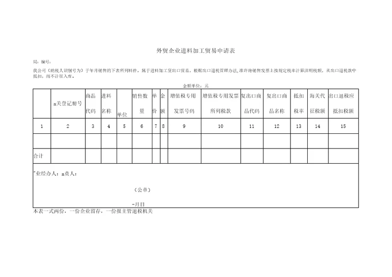 外贸企业进料加工贸易申请表