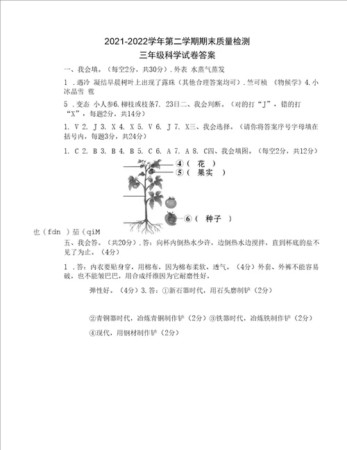 新湘科版三年级科学下册期末测试试卷含答案