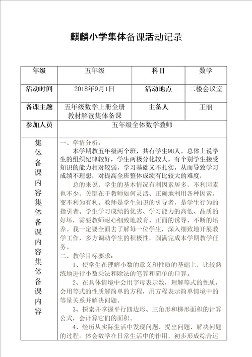 小学数学集体备课活动记录