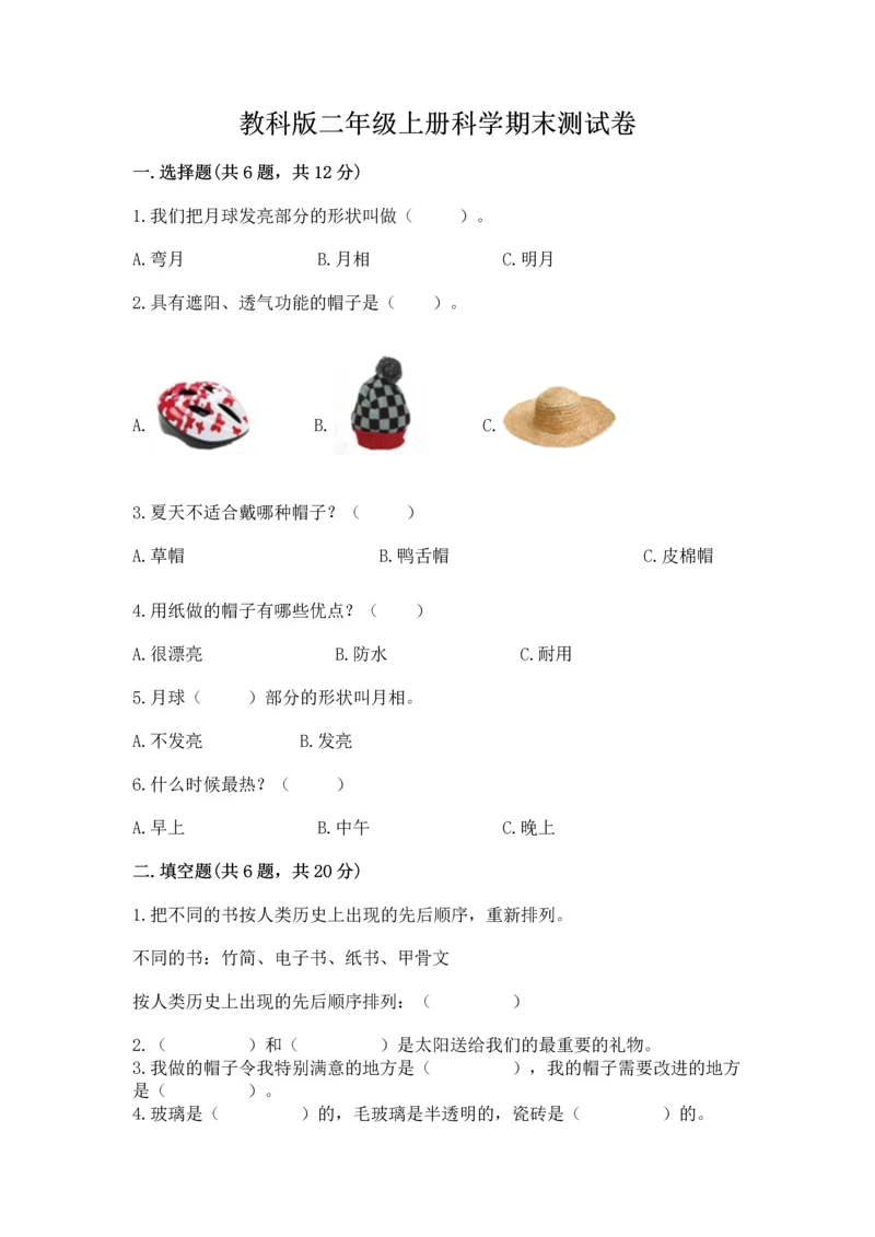 教科版二年级上册科学期末测试卷【中心小学】.docx