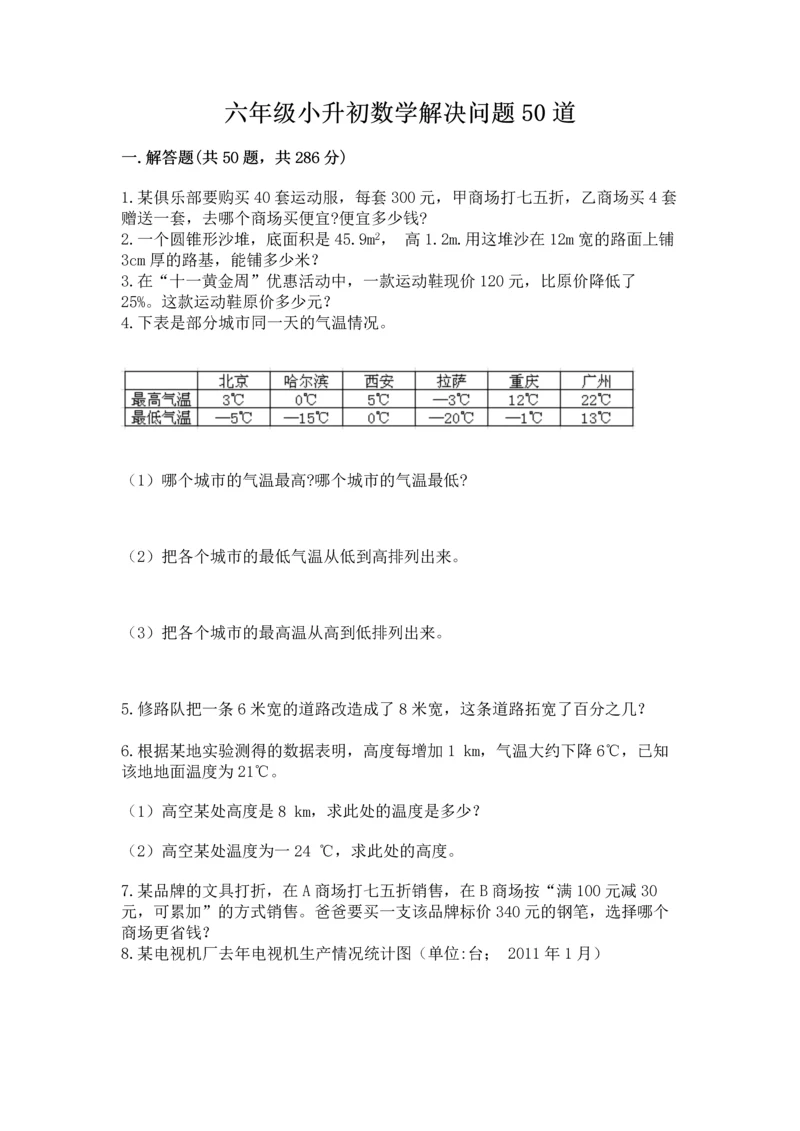 六年级小升初数学解决问题50道含答案【新】.docx