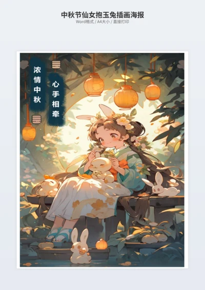 中秋节仙女抱玉兔插画海报
