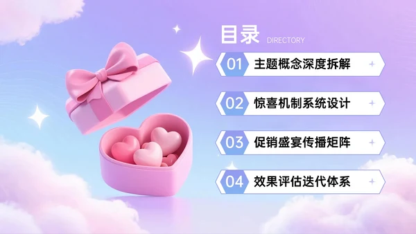 蓝紫色3D关于邂逅浪漫惊喜促销盛宴PPT模板