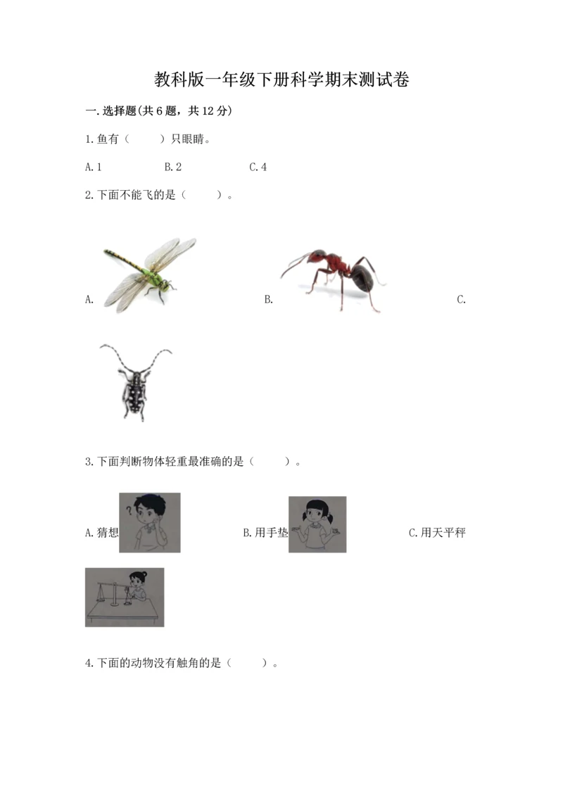 教科版一年级下册科学期末测试卷及参考答案【考试直接用】.docx