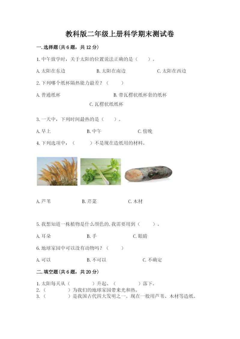 教科版二年级上册科学期末测试卷1套.docx