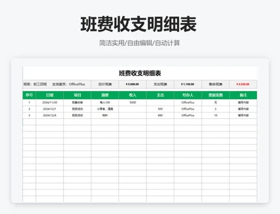 简约绿色班费收支明细表