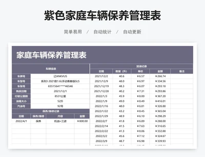 紫色家庭车辆保养管理表