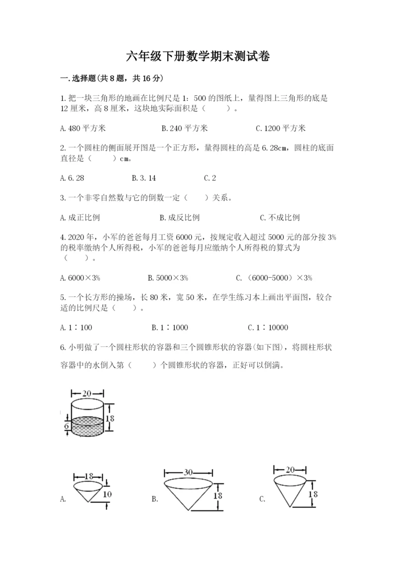 六年级下册数学期末测试卷带答案（巩固）.docx