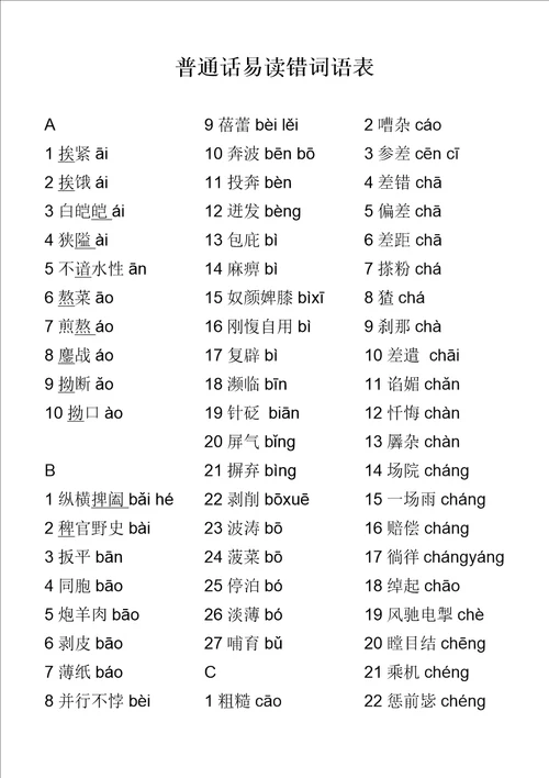 新大纲普通话水平测试易读错词语表