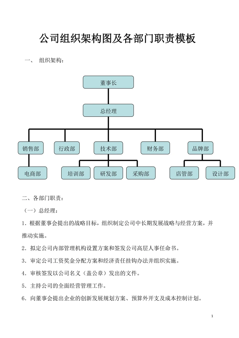 公司组织架构图及各部门职责模板