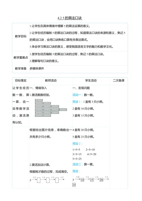 （大单元整体教学）4.2 5的乘法口诀（表格式）教学设计 人教版 二年级上册数学