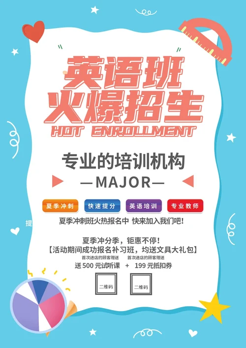 蓝色卡通风英语班招生海报
