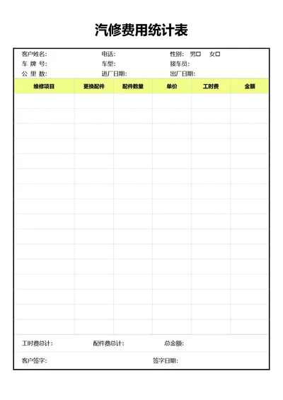 绿色简约风汽修费用统计表