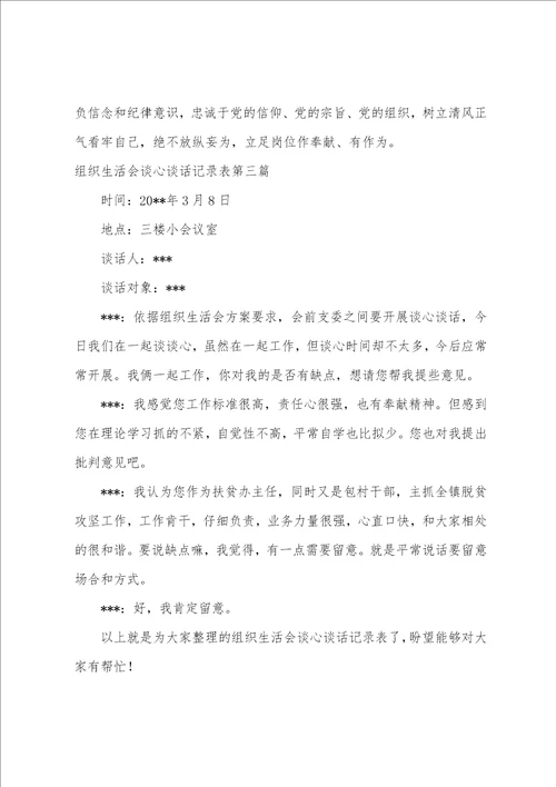2022年谈心谈话记录范例基层组织生活会谈心谈话记录表