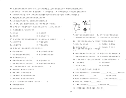 苏科版七年级生物上册期末试卷及答案A4打印版20220208130620