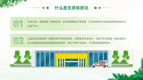 绿色小清新卡通风医院工作汇报支原体肺炎护理学习活动PPT模板