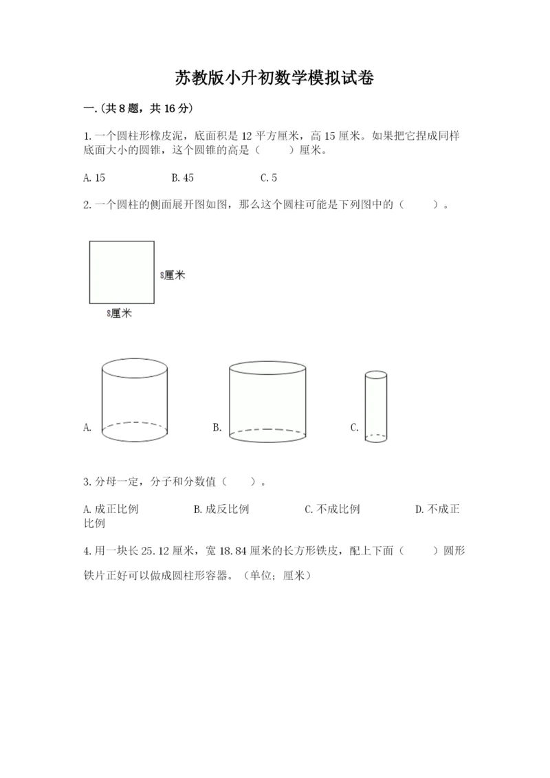 苏教版小升初数学模拟试卷带答案（精练）.docx