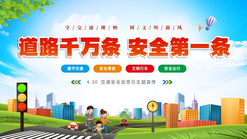 清新卡通展板道路千万条安全第一条430交通安全反思日