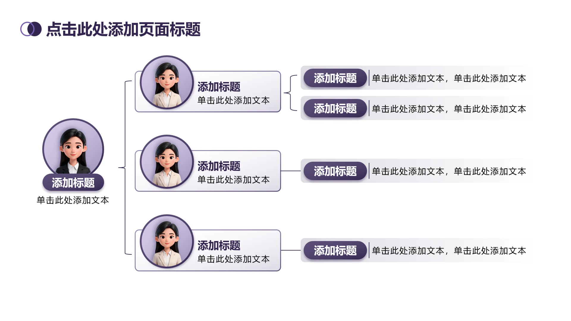 简约圆形4项紫色渐变人员架构总分单页