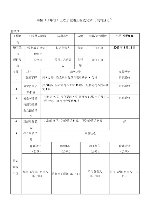 单位子单位工程质量竣工验收记录填写规范