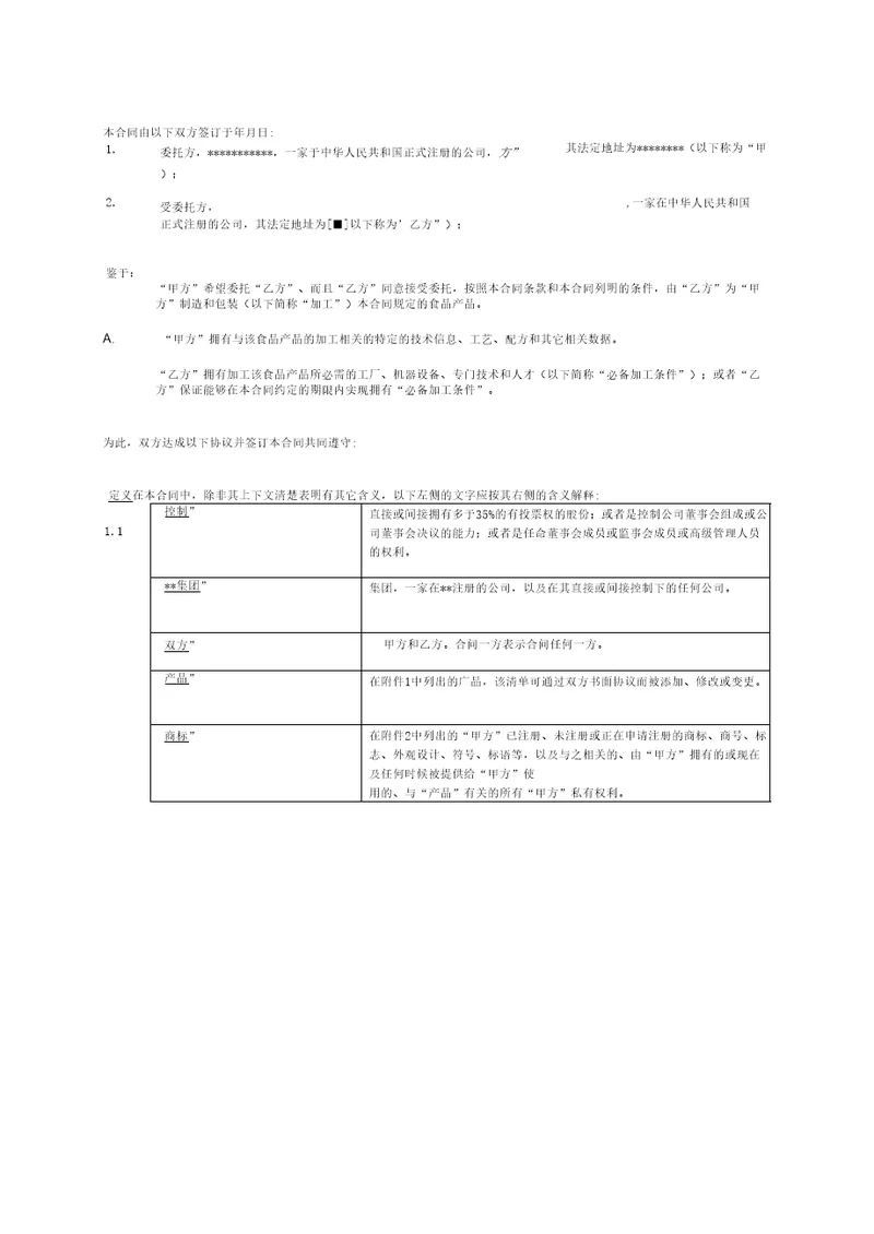 委托加工合同书样本模板