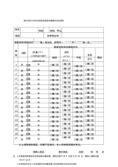 南宁师范大学学生居家观察身体健康状况监测表.docx