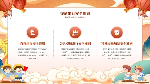 红橙色中国风国潮国庆假期出行安全教育PPT模板