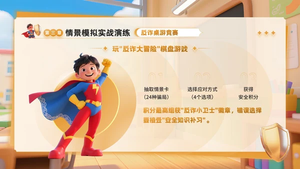 橙色3D卡通风反诈主题班会PPT模板