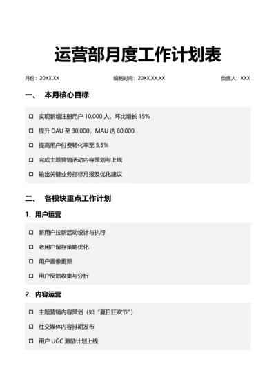 简约风运营部月度工作计划表