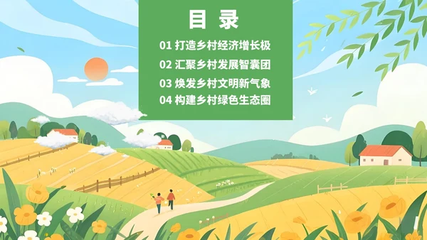 黄绿插画风乡村振兴PPT模板