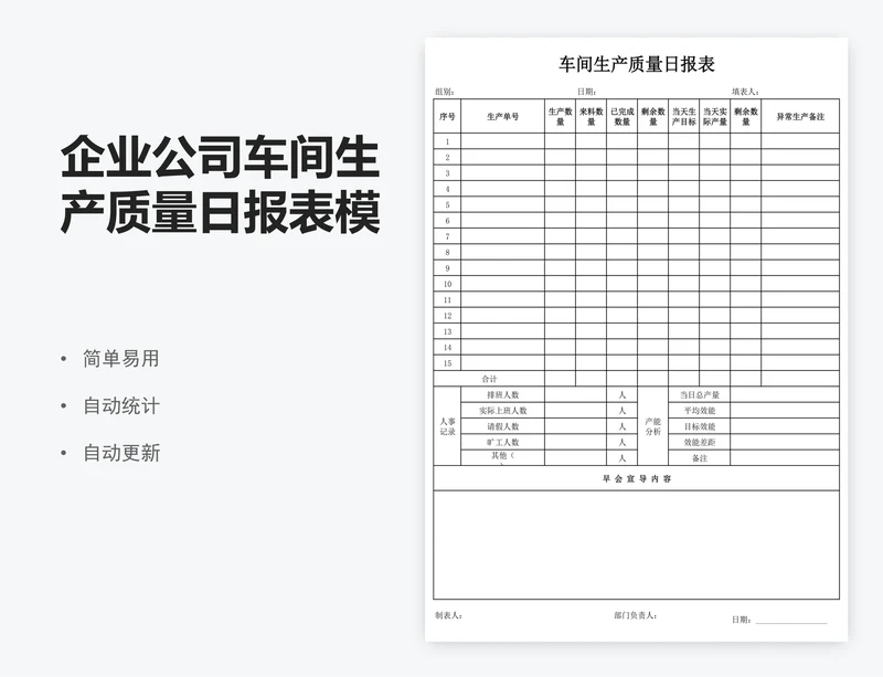 企业公司车间生产质量日报表模板