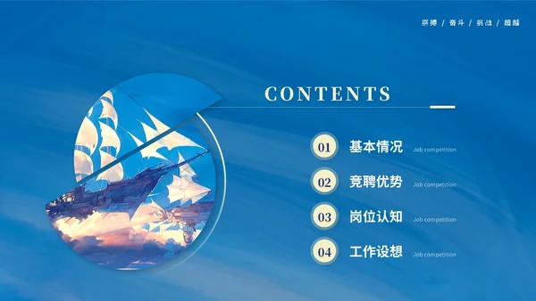蓝色水彩水墨风励志帆船岗位竞聘自我介绍竞聘报告ppt模板