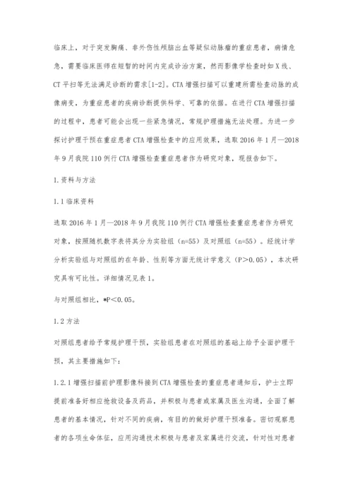 护理干预在重症患者CTA增强检查中的应用效果分析.docx