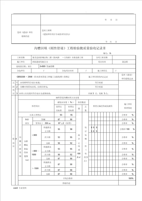 市政给排水管道工程检验批质量验收记录表格