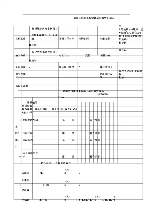 植筋工程施工检验批质量验收记录结构加固