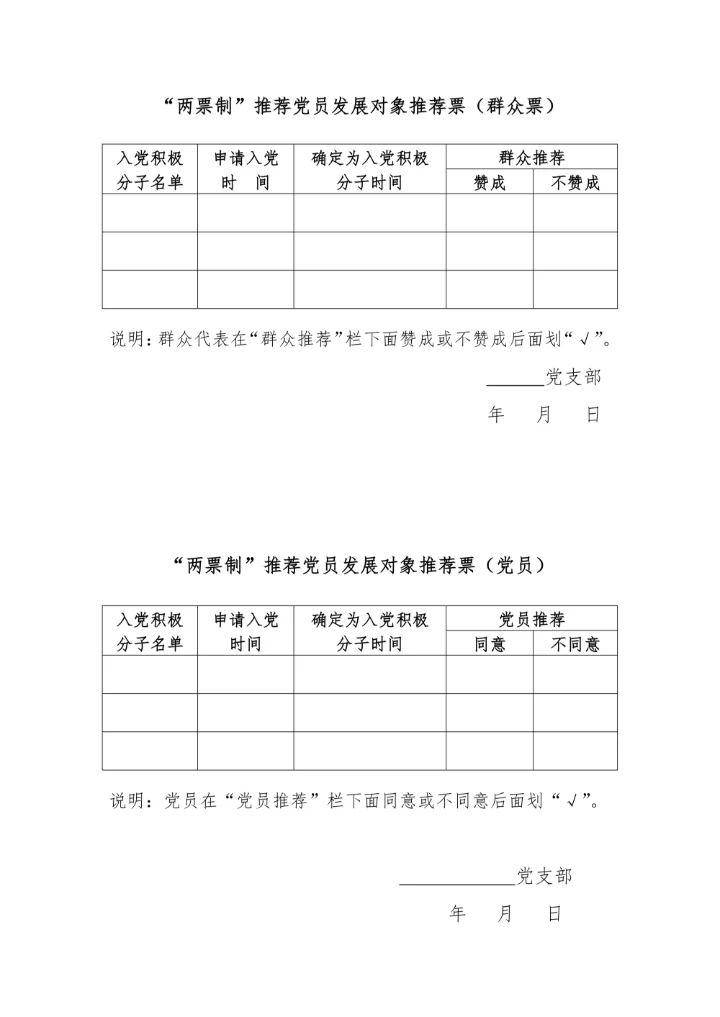 “两票制”推荐党员发展对象推荐票