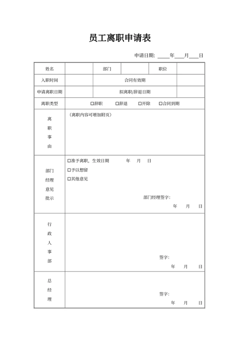员工离职申请表