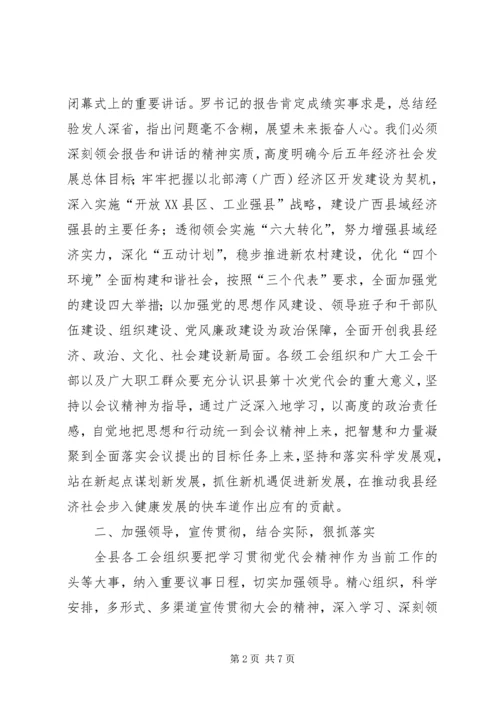 总工会学习县党代会精神情况汇报.docx