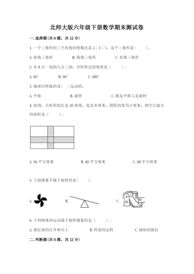北师大版六年级下册数学期末测试卷及参考答案【综合题】.docx