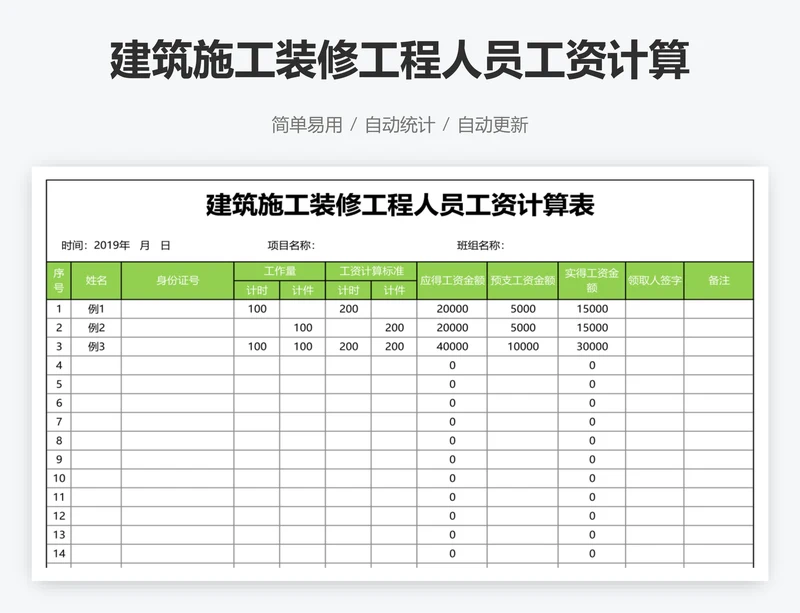 建筑施工装修工程人员工资计算表