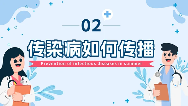 蓝色几何卡通夏季传染病预防班会课带内容PPT模板