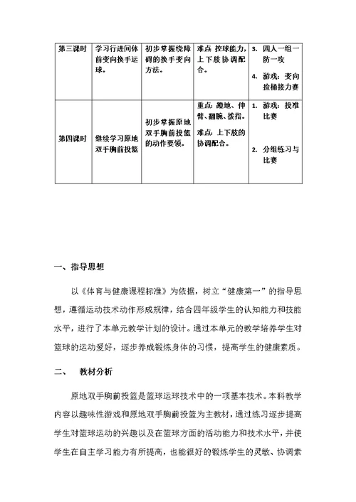 篮球原地双手胸前投篮单元教学计划与教学设计说明