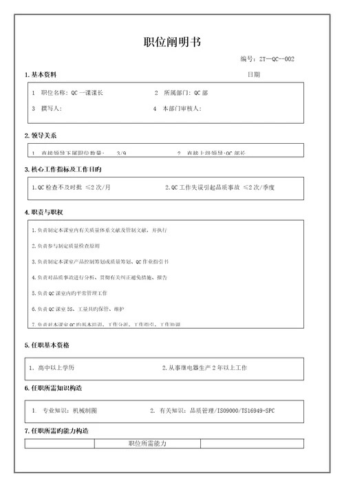 QC课课长职位专项说明书