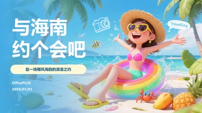 卡通蓝色插画嗨玩海南旅游攻略PPT模板