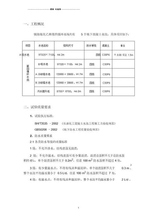 地下混凝土水池蓄水试验方案