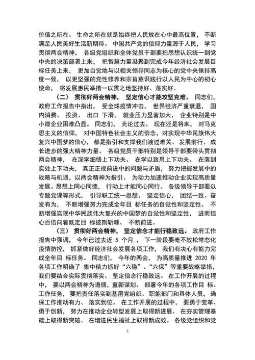 党委书记在2020年全国两会精神专题学习会上的讲话