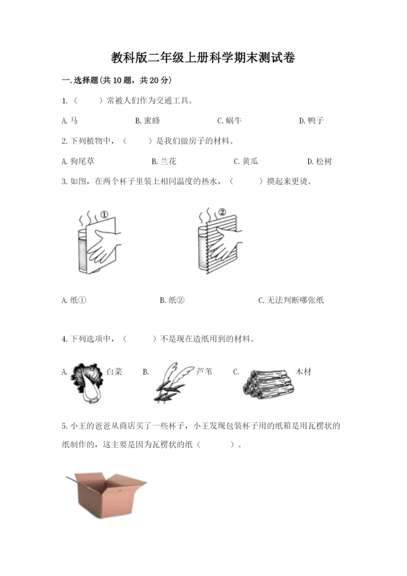 教科版二年级上册科学期末测试卷（有一套）word版.docx