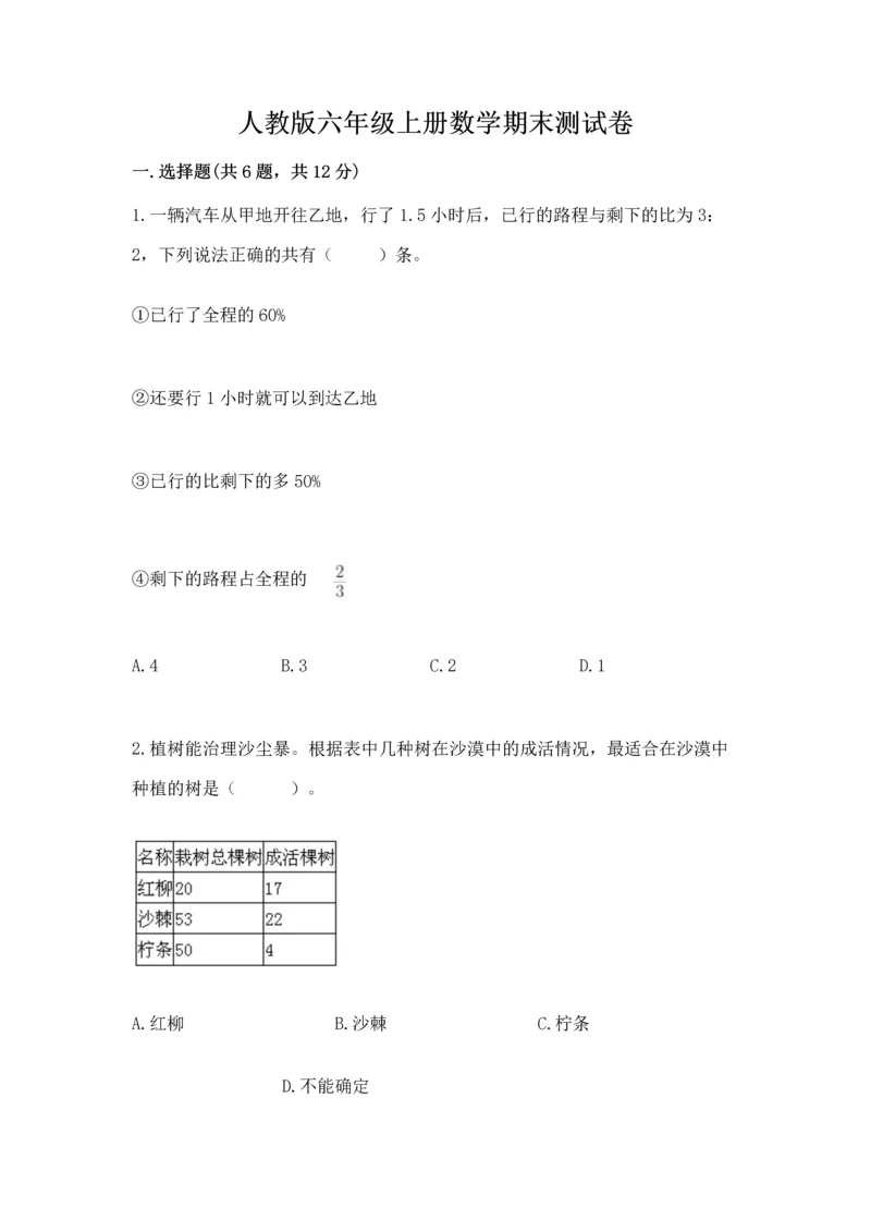 人教版六年级上册数学期末测试卷附答案（预热题）.docx